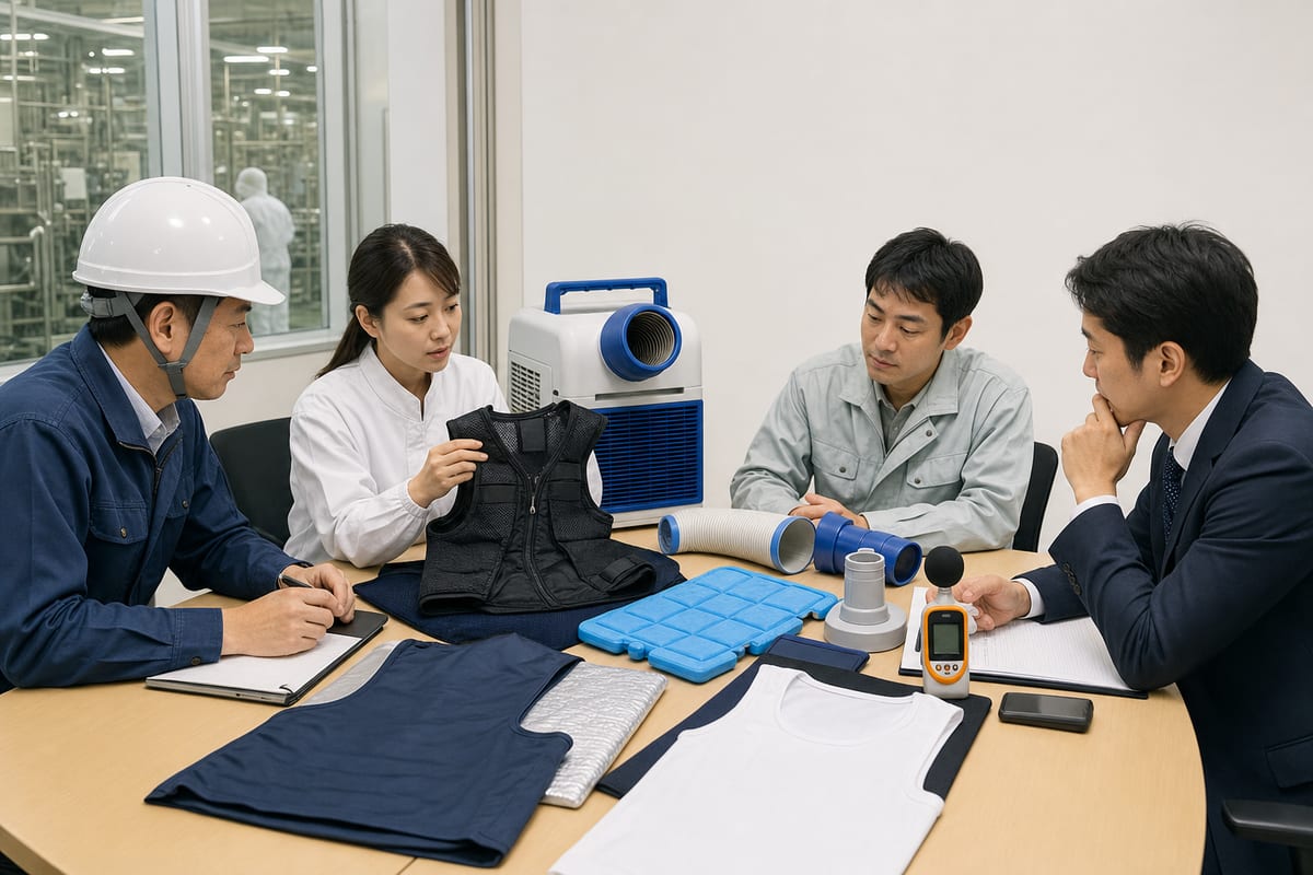 食品工場の安全衛生・品質管理・設備・購買担当が暑さ対策用品を確認するイメージ