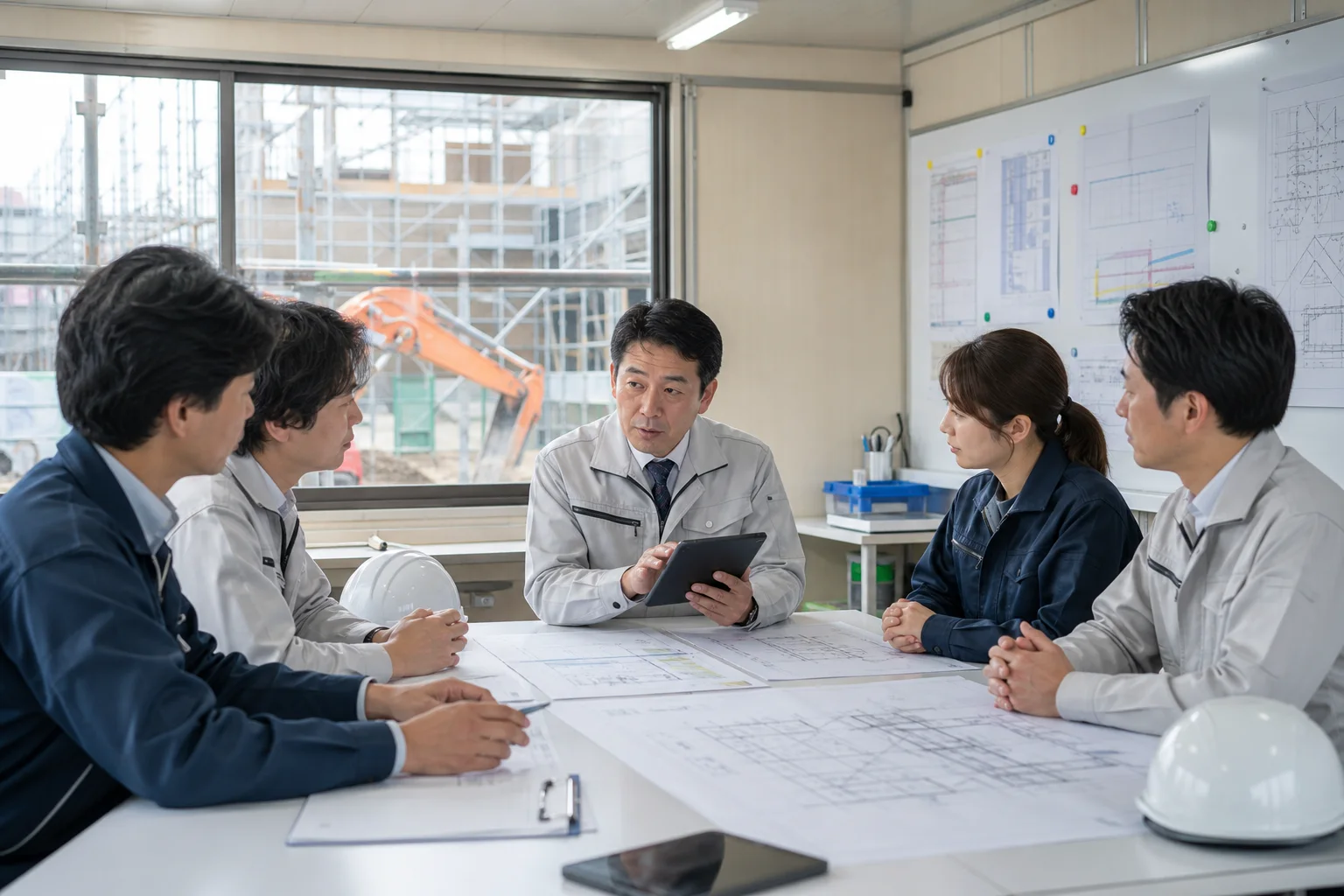 施工管理担当者が現場全体の工程と関係者を調整する様子