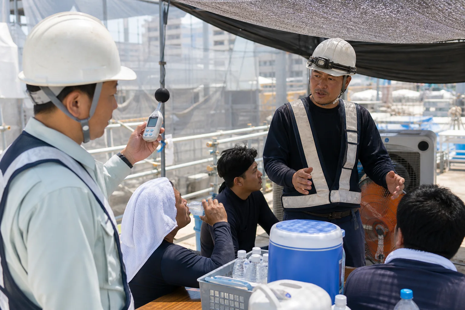 施工管理と職長がWBGT・休憩・作業者の体調を確認する様子