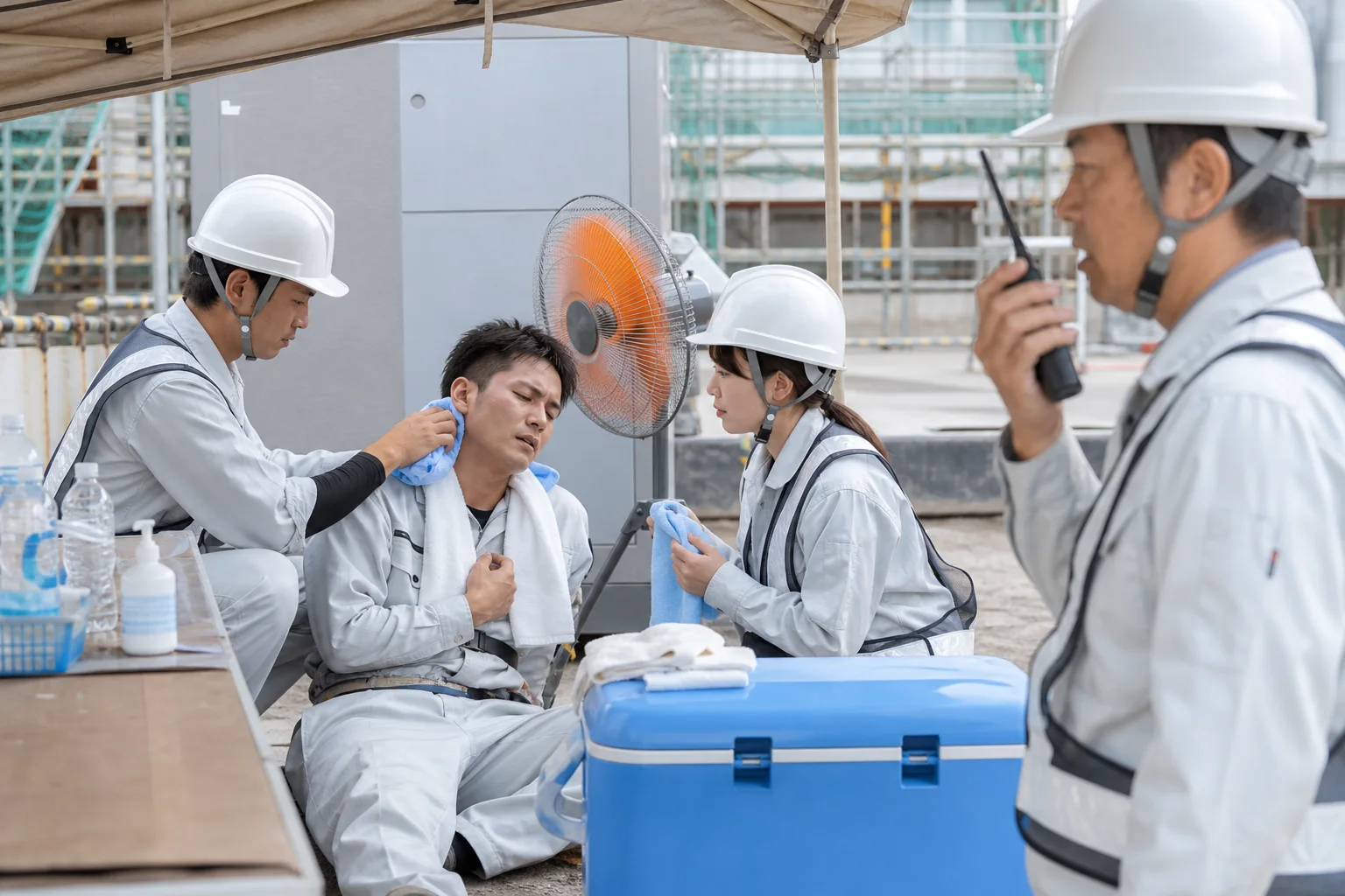現場で体調不良者を発見し報告・冷却・救急へつなぐ連携の流れ
