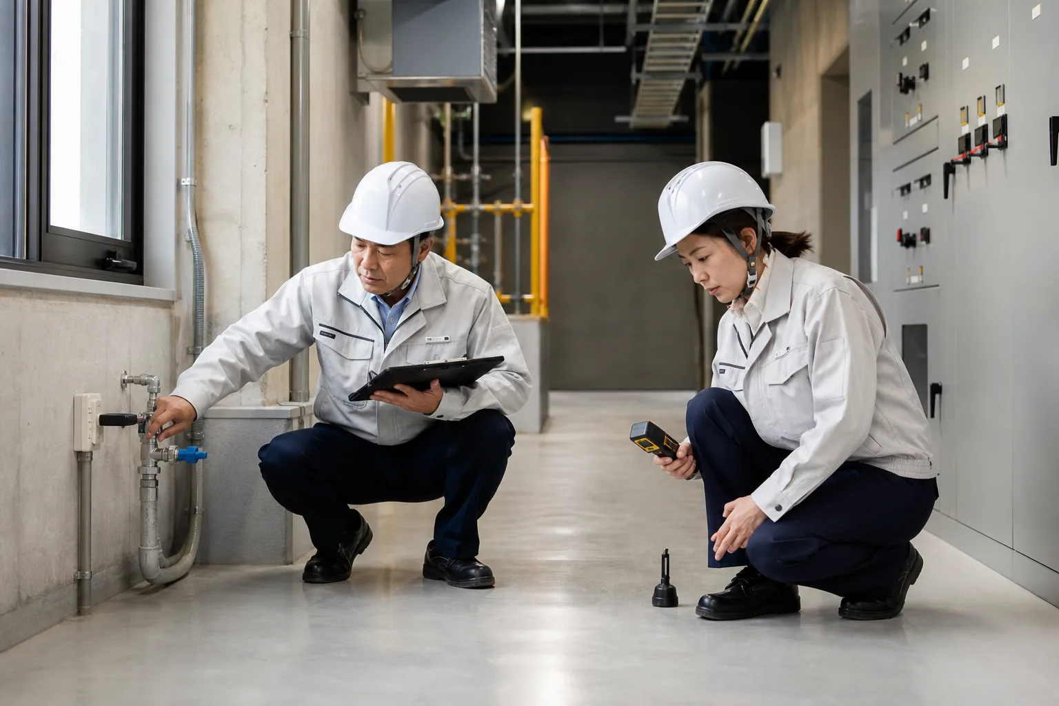 法人担当者がミスト発生機の設置場所と電源・水源を確認するイメージ