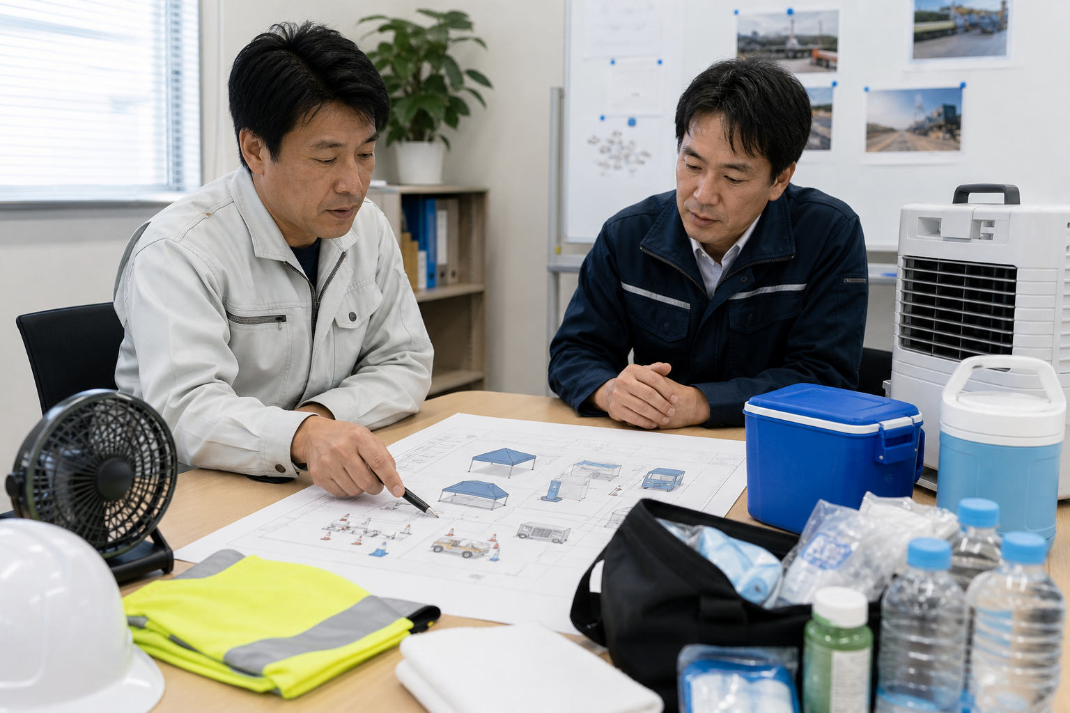 法人担当者が日よけテントや熱中症対策設備を選定するイメージ