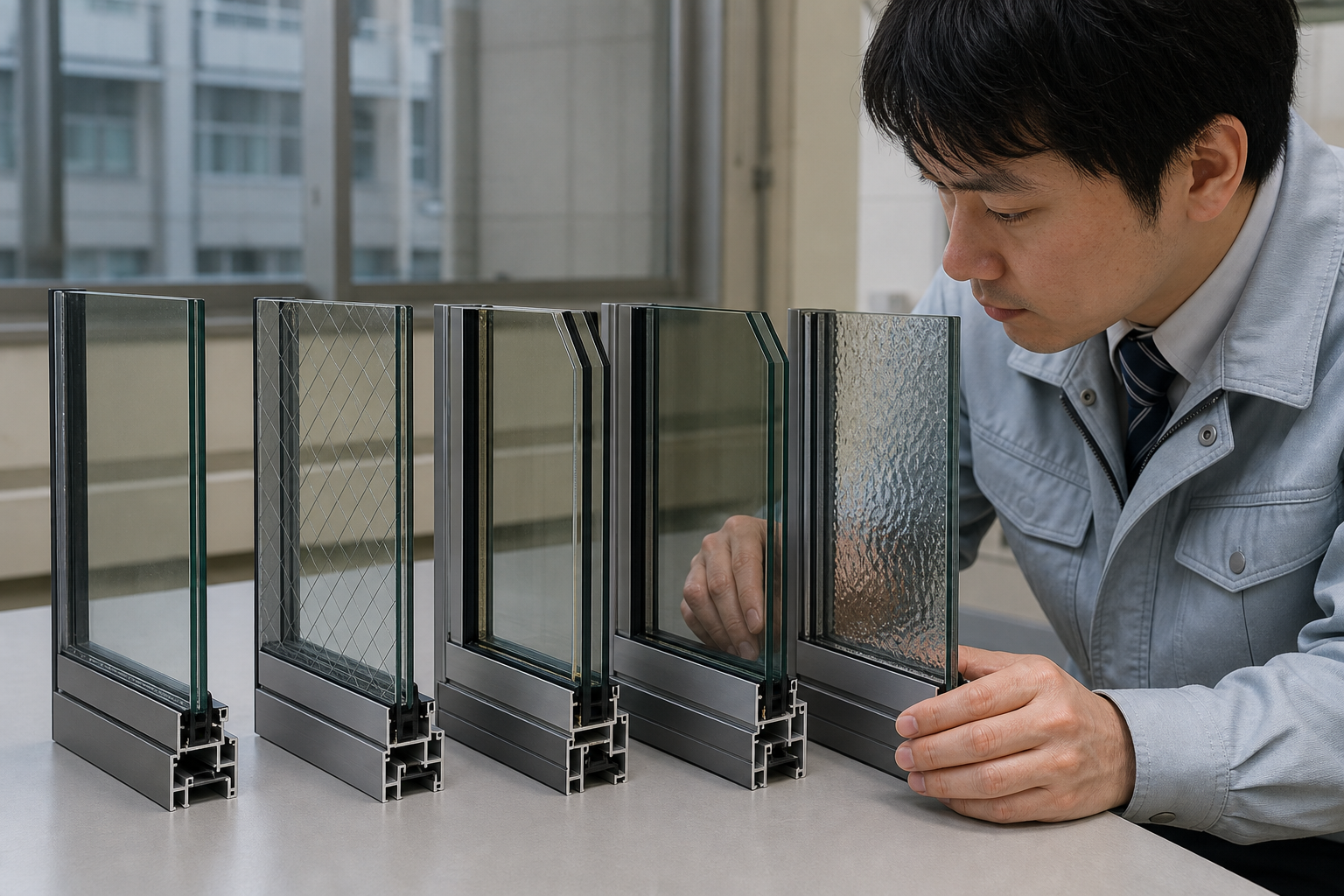 透明ガラス・網入りガラス・複層ガラス・Low-Eガラス・凸凹ガラスを比較する図解
