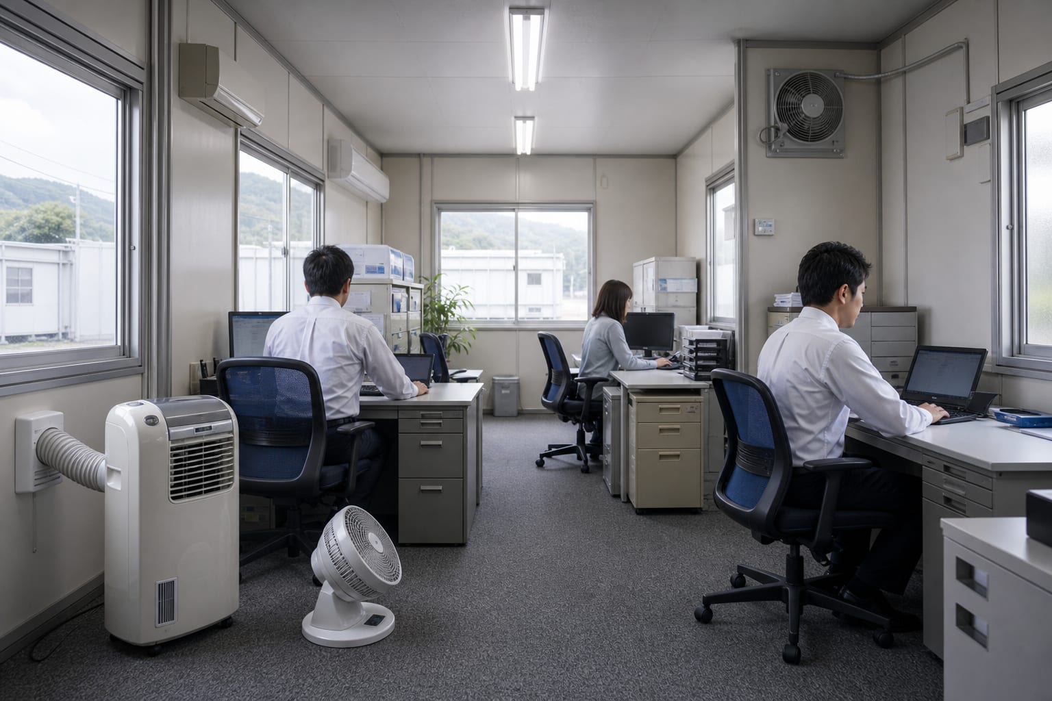 プレハブ内で工場扇とサーキュレーターを使い冷気と熱気の流れを整えるイメージ