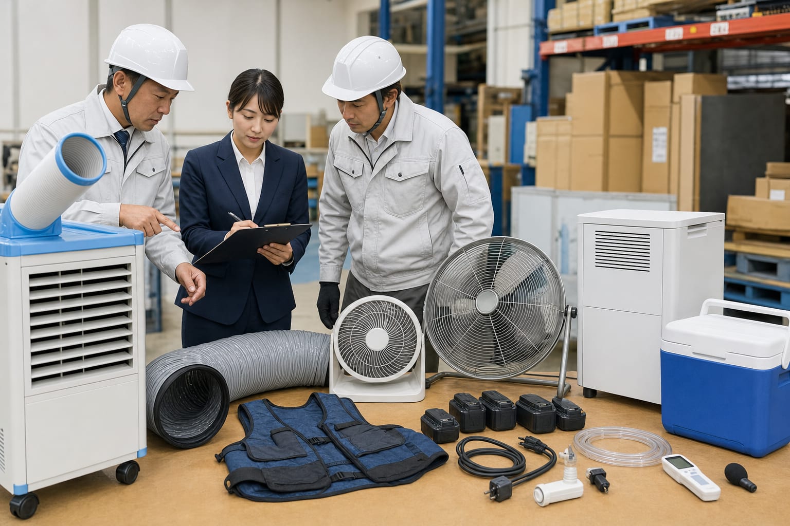 法人の安全衛生担当者がプレハブ用の冷房・送風・除湿・身体冷却用品を点検するイメージ