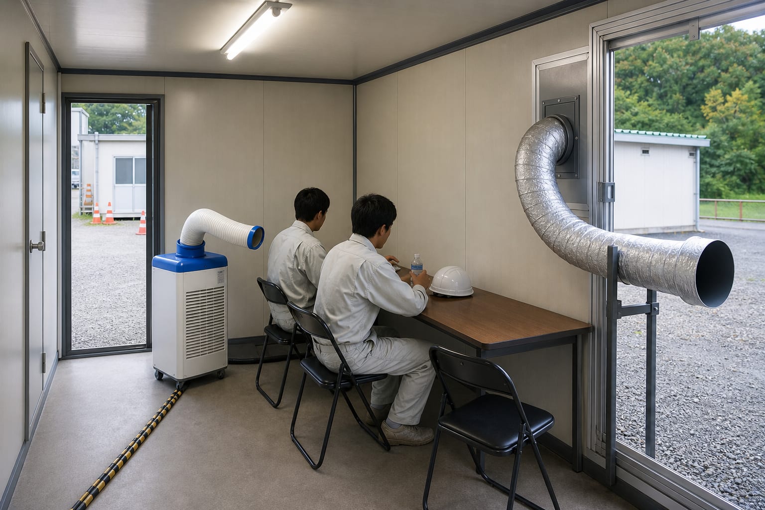 プレハブ休憩所でスポットクーラーの排熱ダクトを窓から屋外へ出す設置例
