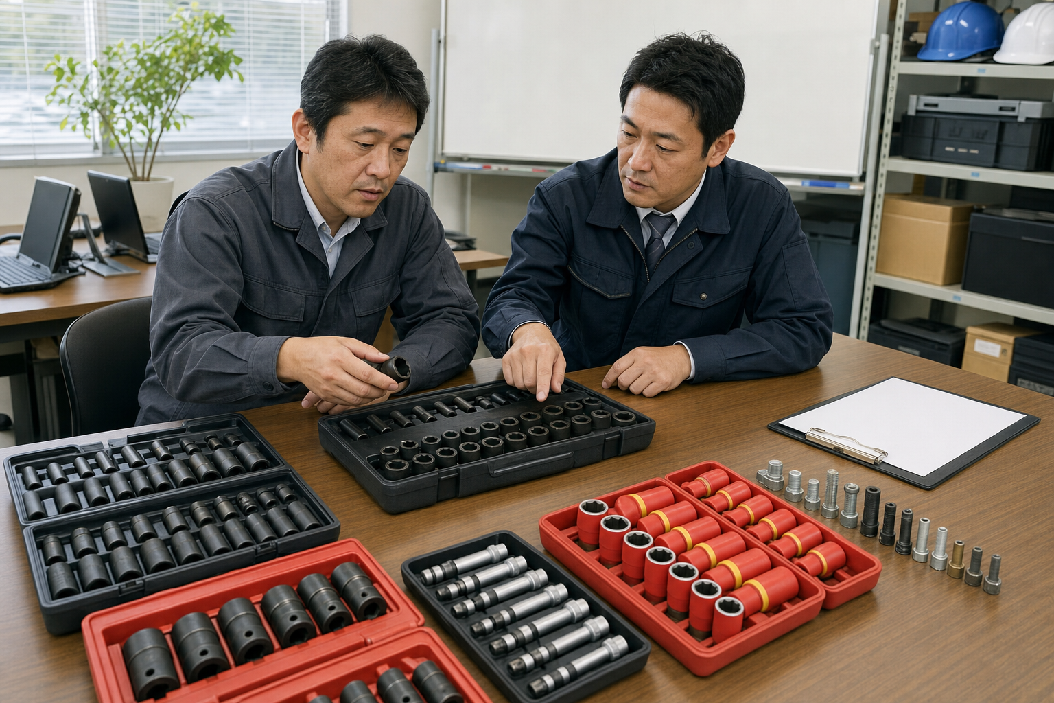 整備担当者と購買担当者がソケットセットを用途別に比較するイメージ