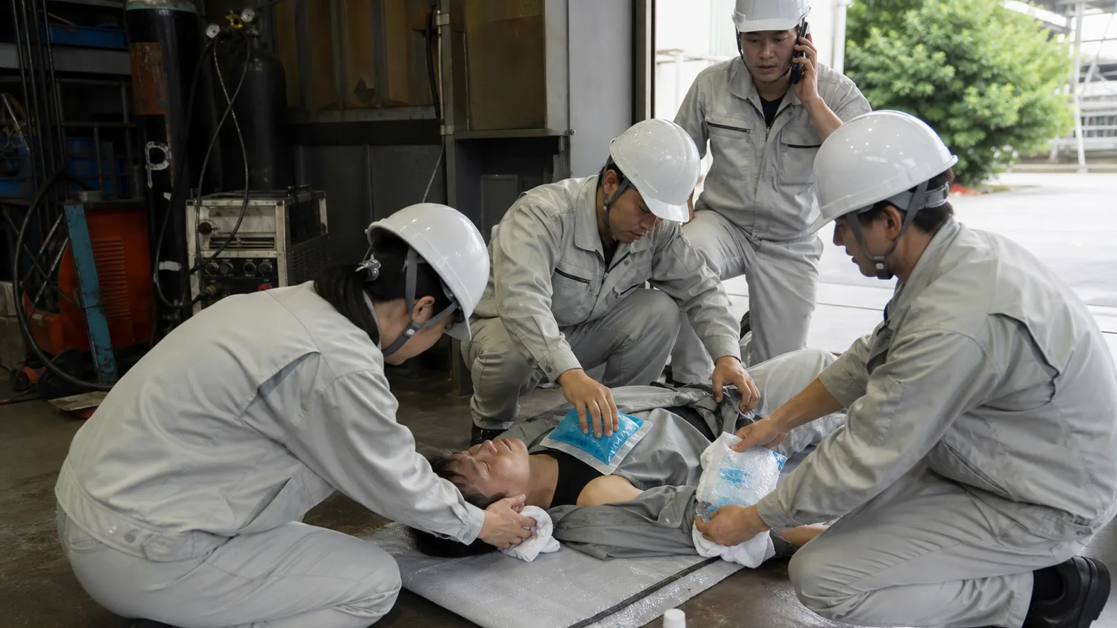 溶接作業中の体調不良者を作業から離脱させ身体を冷却し連絡する訓練